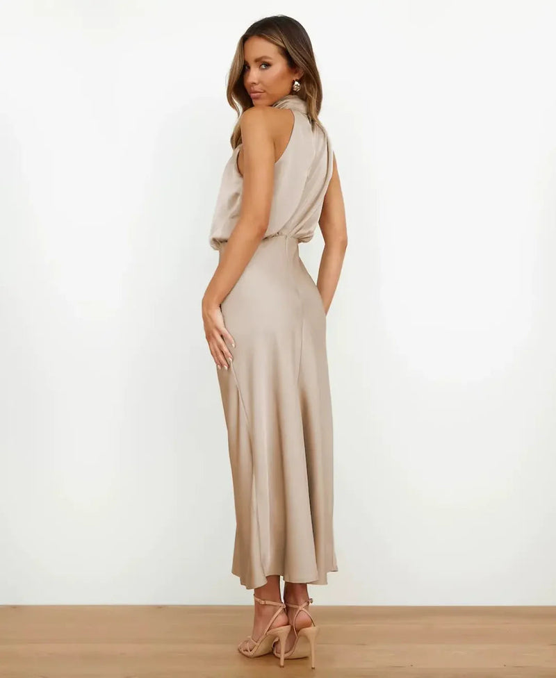 Cotton Blend Women's Midi Dress – Sleeveless High Neck