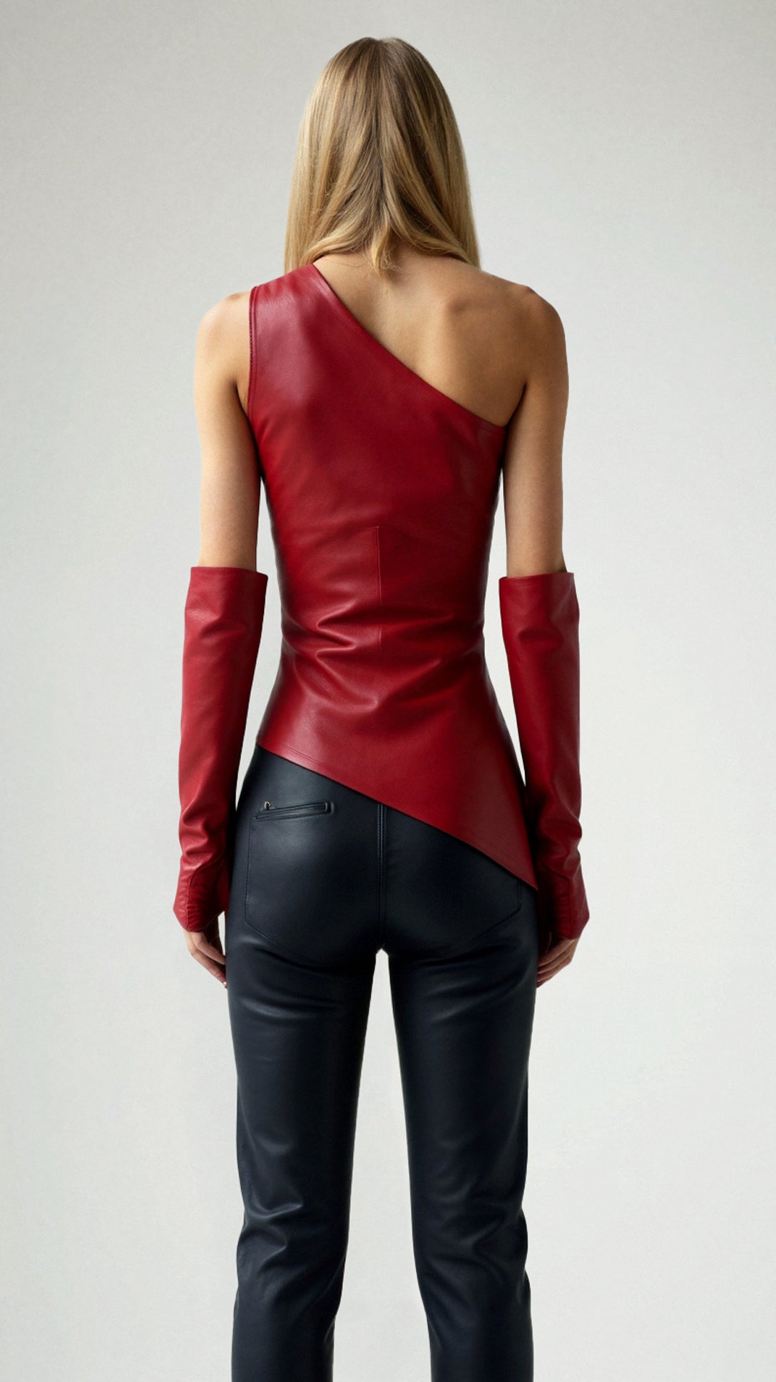 Faux Leather One-Shoulder Top with Opera Gloves
