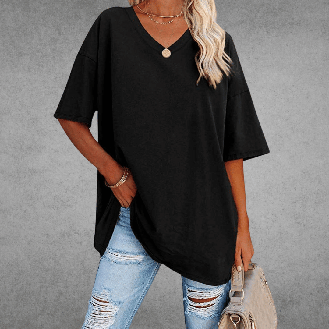 Women's Oversized V-Neck T-Shirt - Loose Fit Short Sleeve