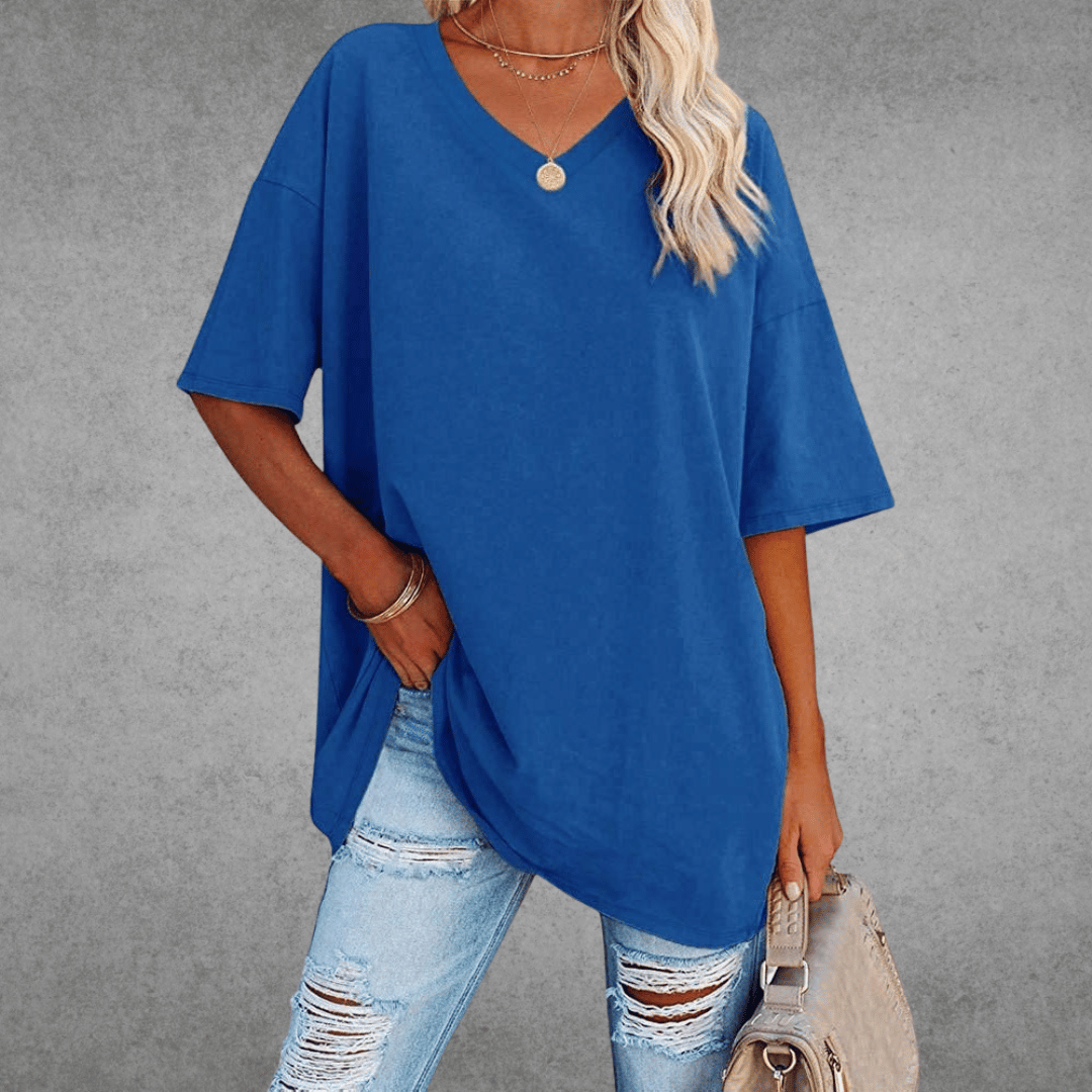 Women's Oversized V-Neck T-Shirt - Loose Fit Short Sleeve