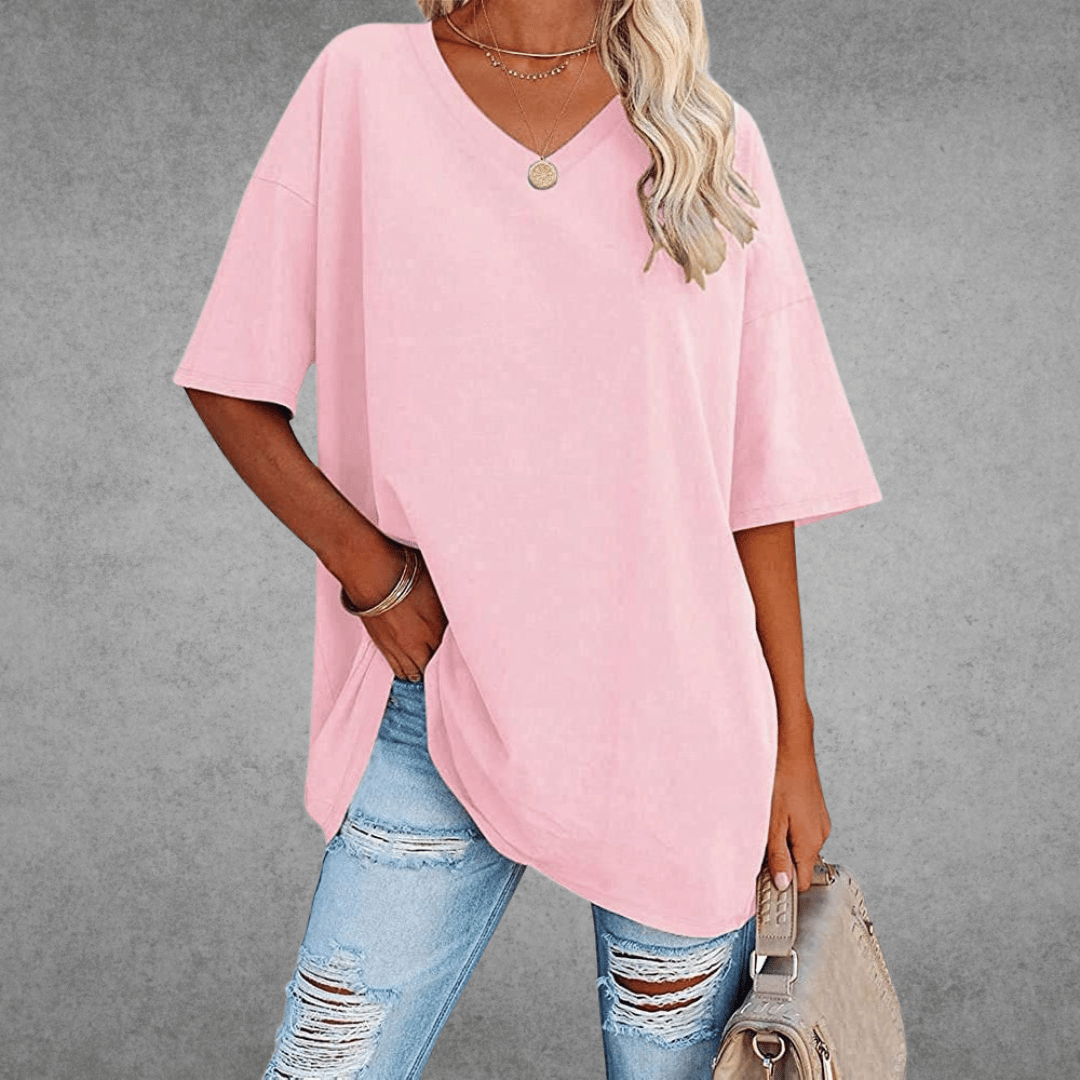 Women's Oversized V-Neck T-Shirt - Loose Fit Short Sleeve
