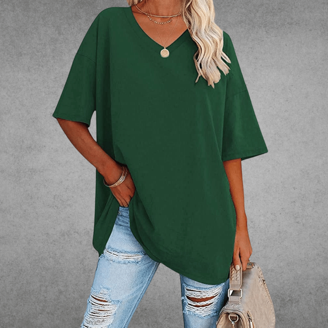 Women's Oversized V-Neck T-Shirt - Loose Fit Short Sleeve