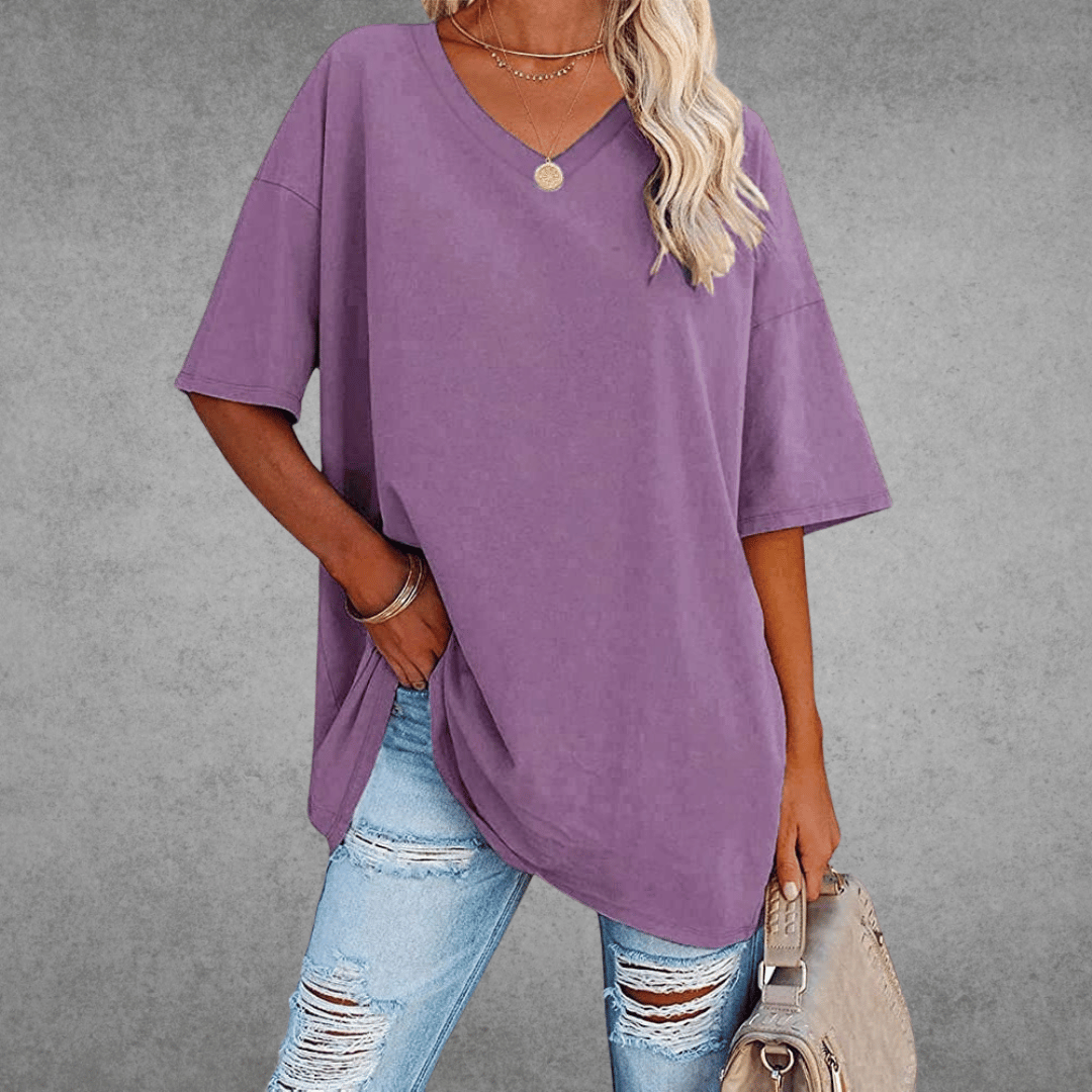Women's Oversized V-Neck T-Shirt - Loose Fit Short Sleeve