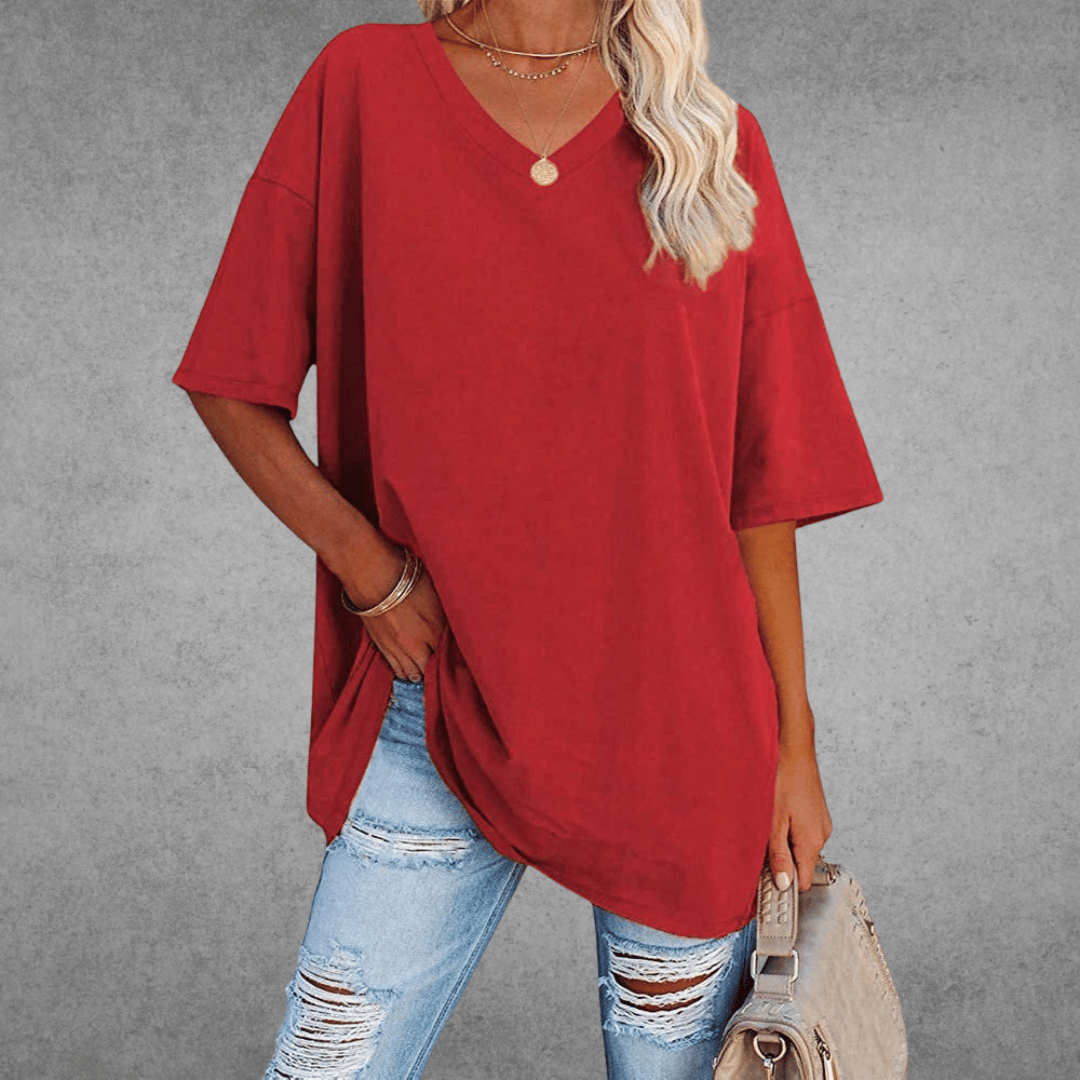 Women's Oversized V-Neck T-Shirt - Loose Fit Short Sleeve