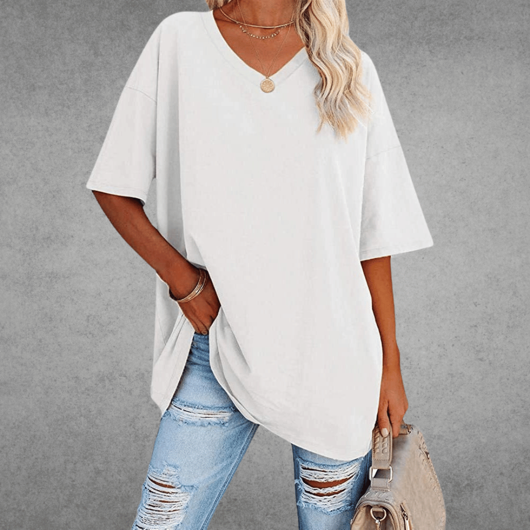Women's Oversized V-Neck T-Shirt - Loose Fit Short Sleeve