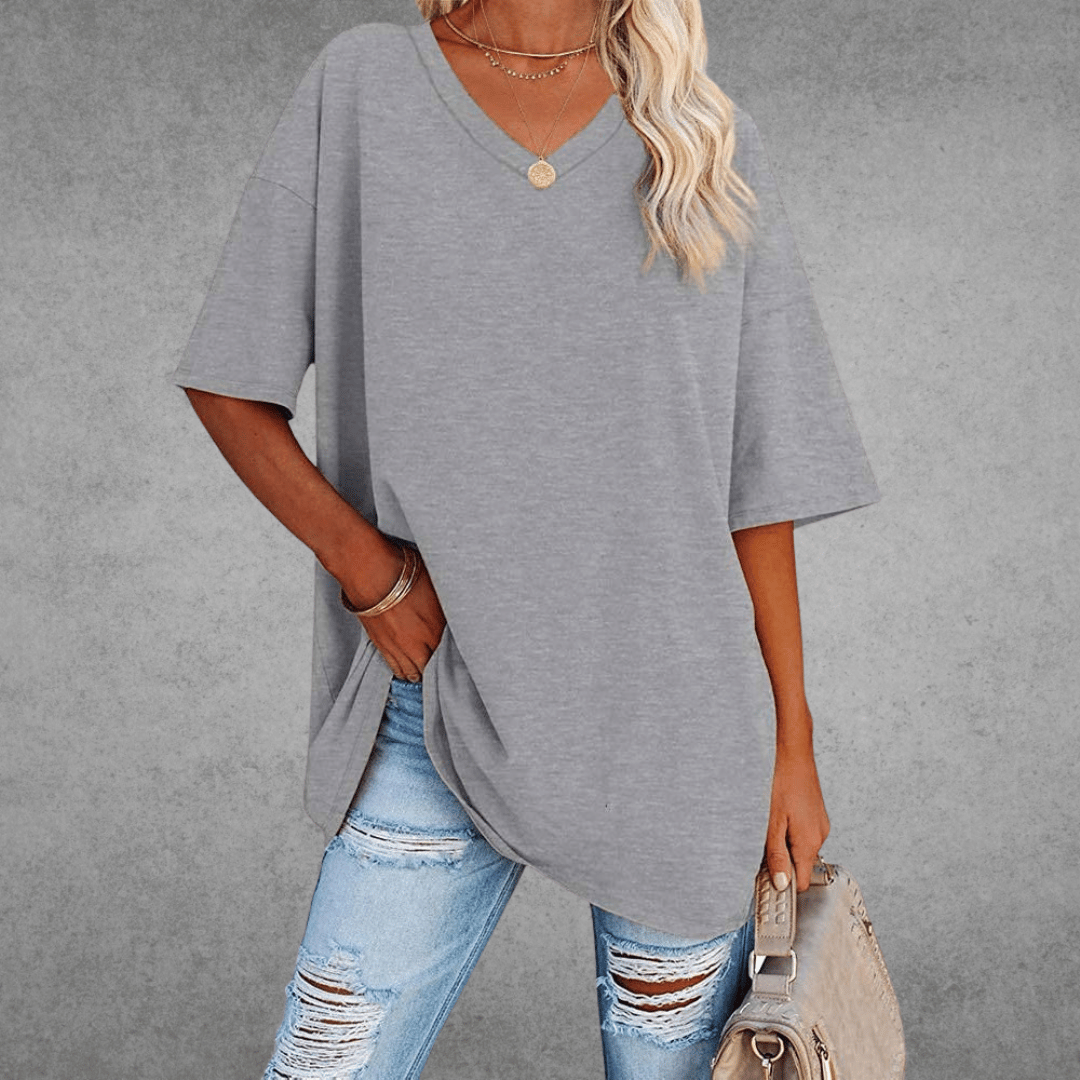 Women's Oversized V-Neck T-Shirt - Loose Fit Short Sleeve