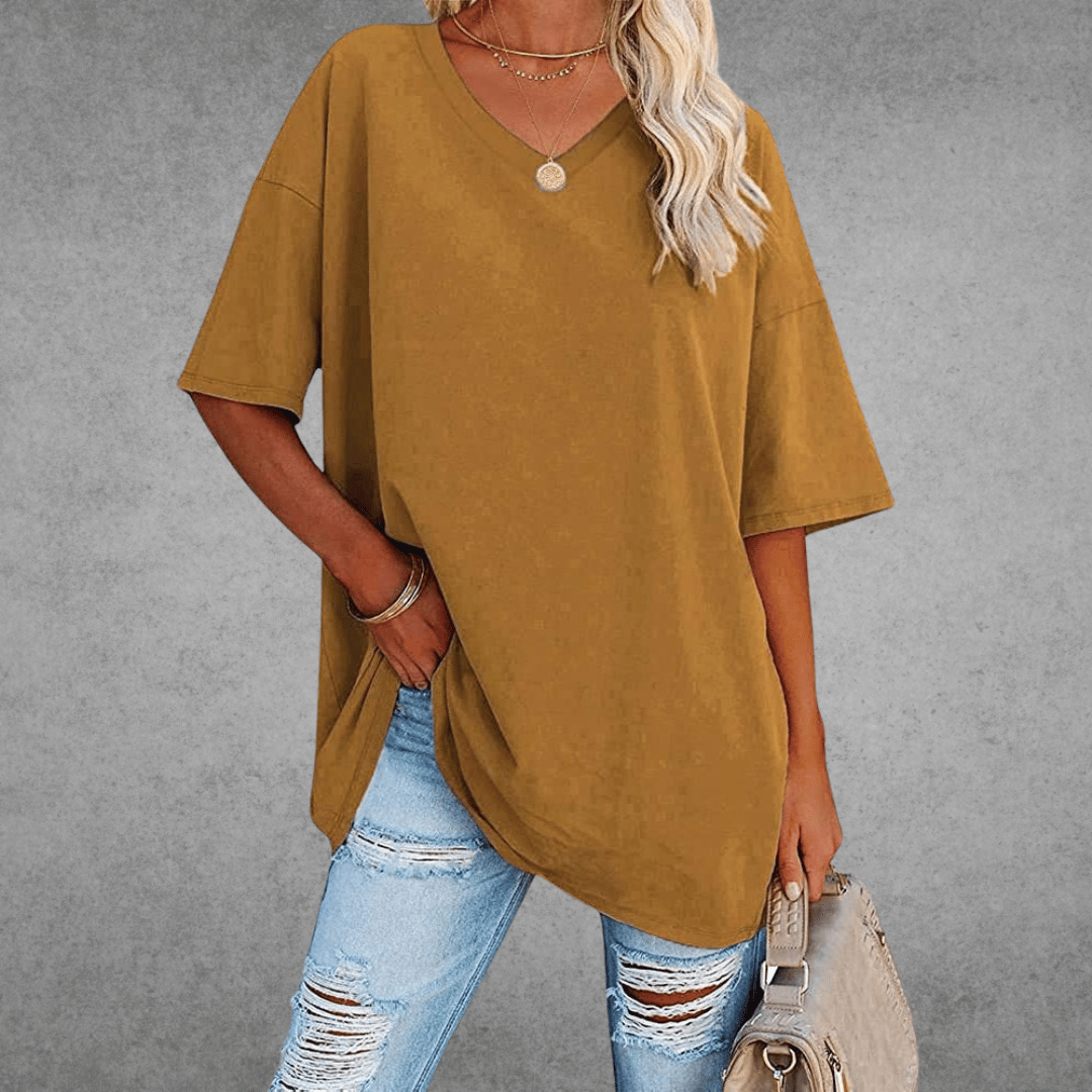 Women's Oversized V-Neck T-Shirt - Loose Fit Short Sleeve