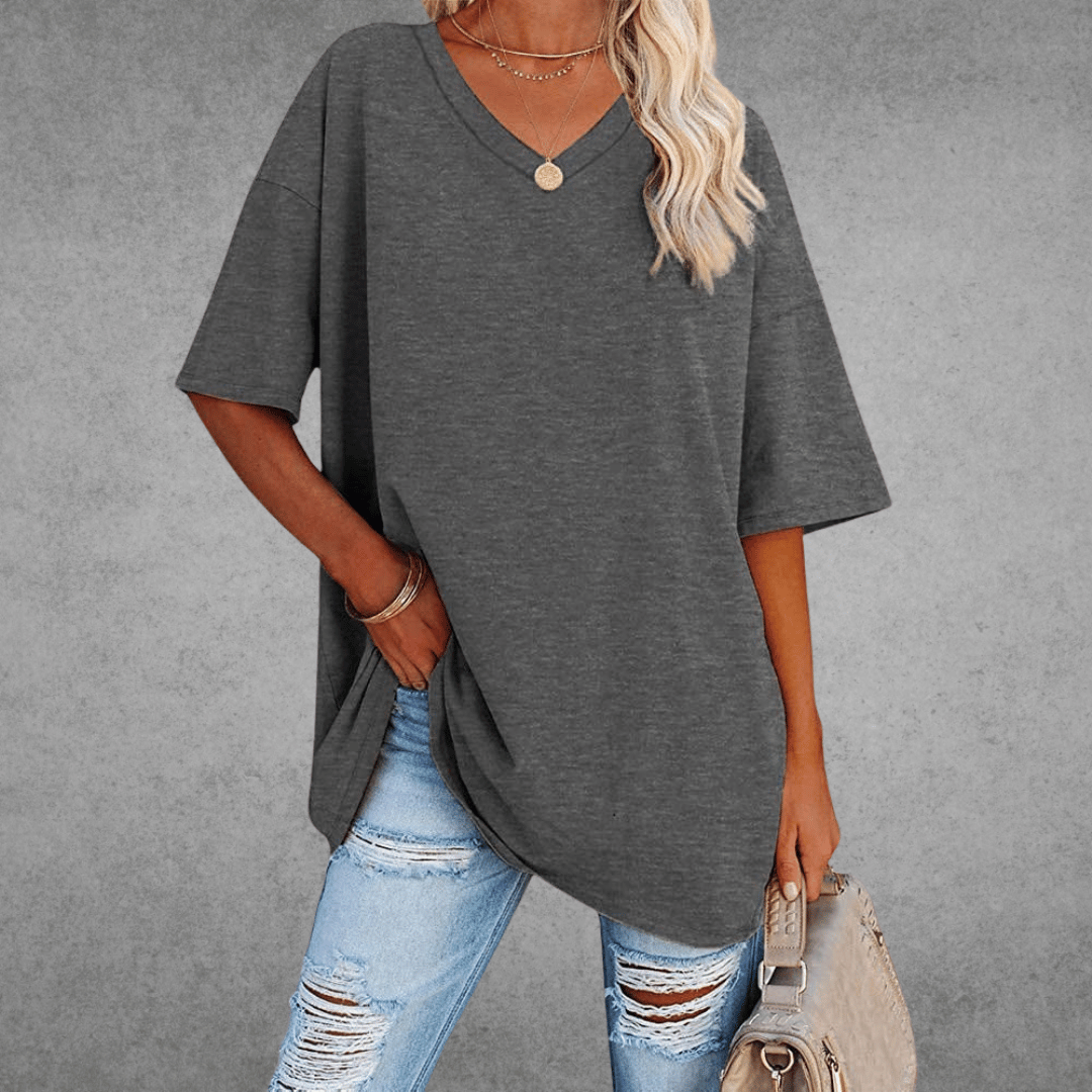 Women's Oversized V-Neck T-Shirt - Loose Fit Short Sleeve