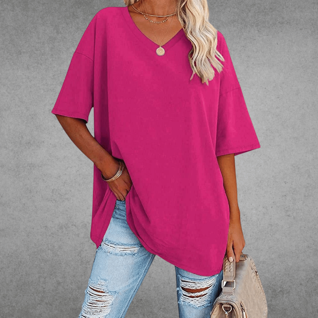 Women's Oversized V-Neck T-Shirt - Loose Fit Short Sleeve