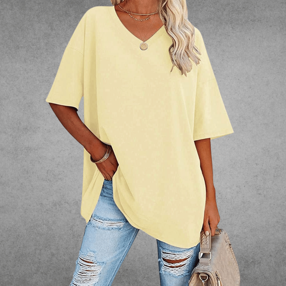 Women's Oversized V-Neck T-Shirt - Loose Fit Short Sleeve