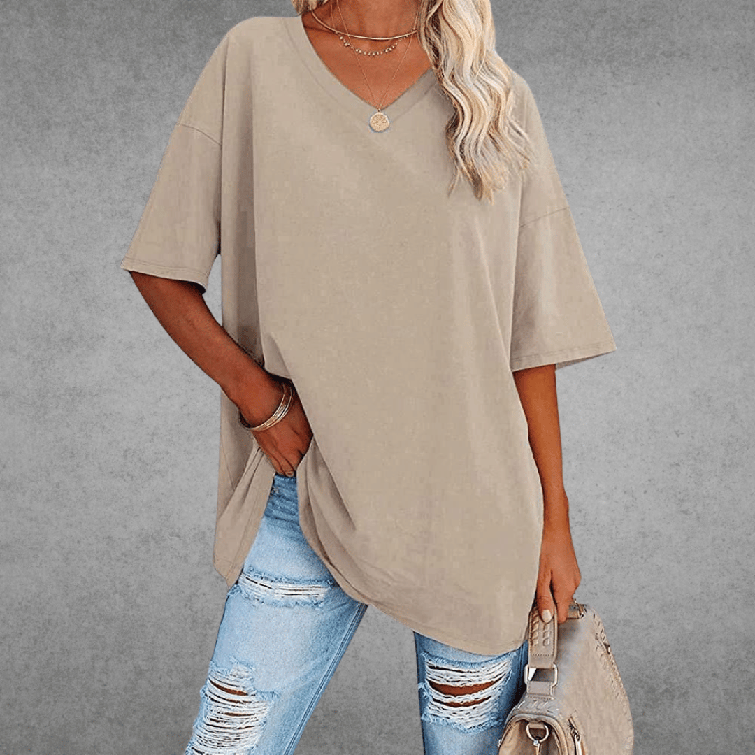 Women's Oversized V-Neck T-Shirt - Loose Fit Short Sleeve