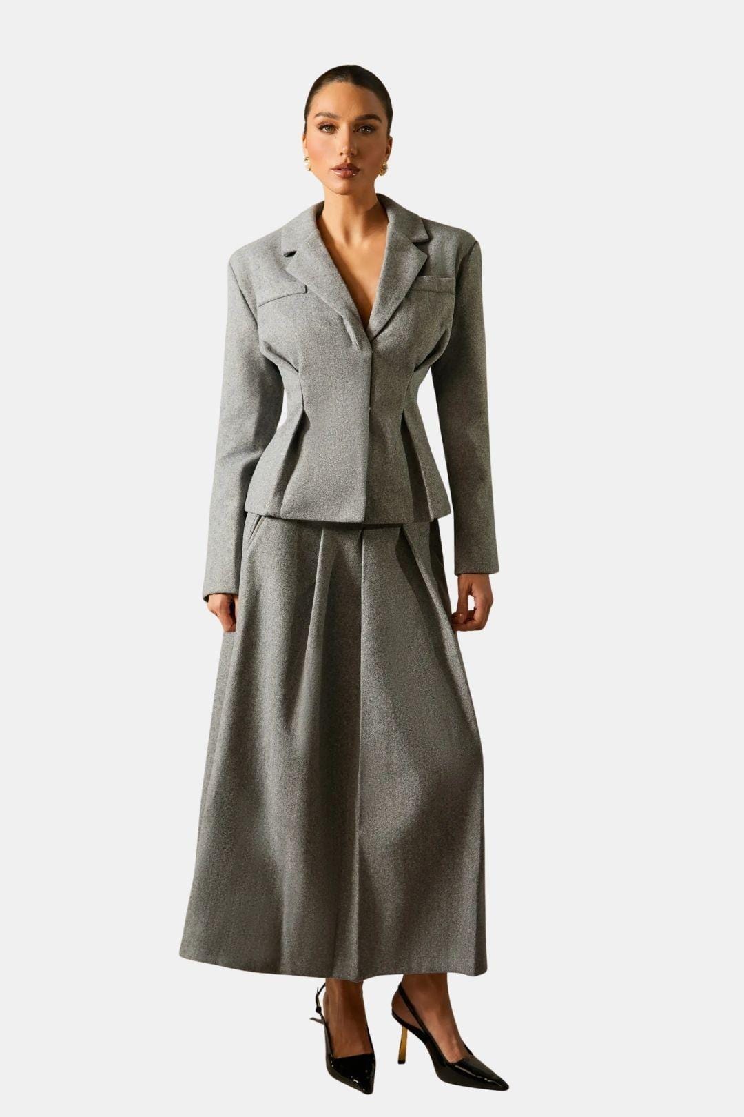 Grey Polyester Blazer & Pleated Midi Skirt Set – Tailored Two-Piece