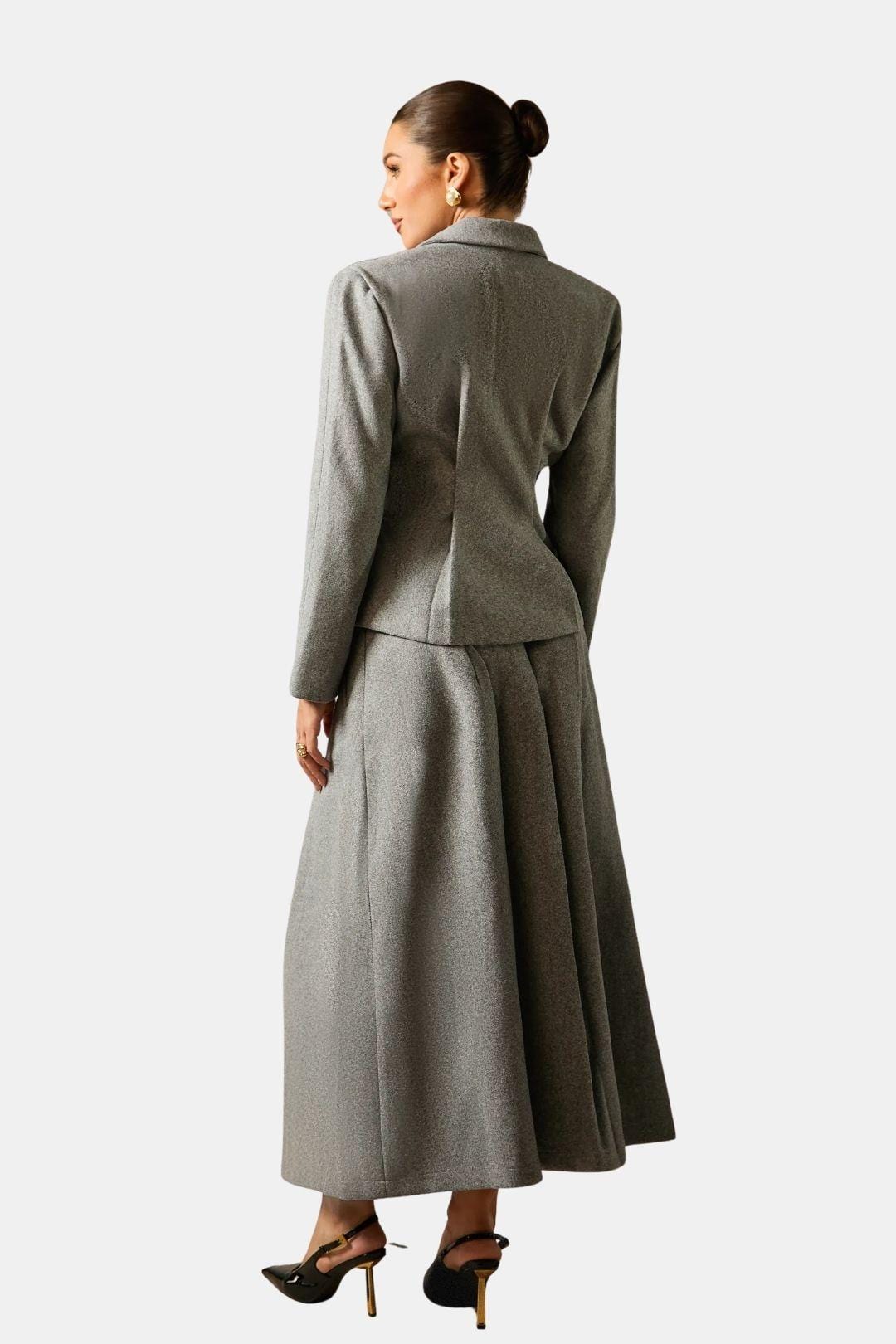 Grey Polyester Blazer & Pleated Midi Skirt Set – Tailored Two-Piece