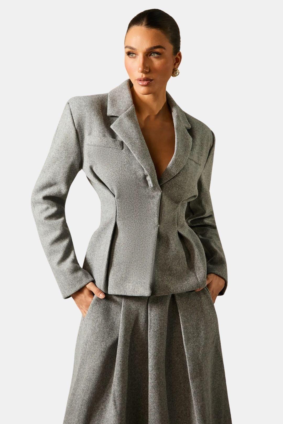 Grey Polyester Blazer & Pleated Midi Skirt Set – Tailored Two-Piece