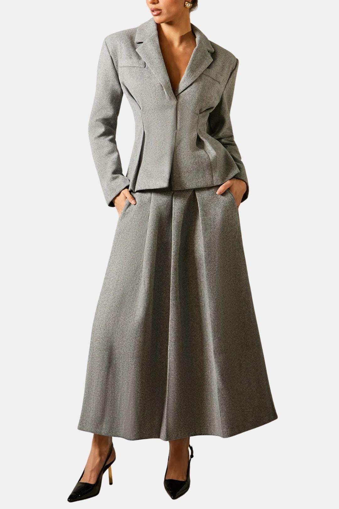 Grey Polyester Blazer & Pleated Midi Skirt Set – Tailored Two-Piece