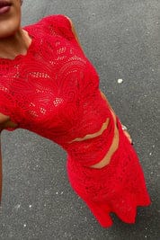 Lace Sleeveless Split Skirt Two Piece Set – Red