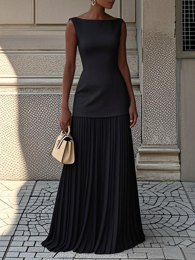 Elegant Pleated Maxi Dress | Minimalist Sleeveless Design
