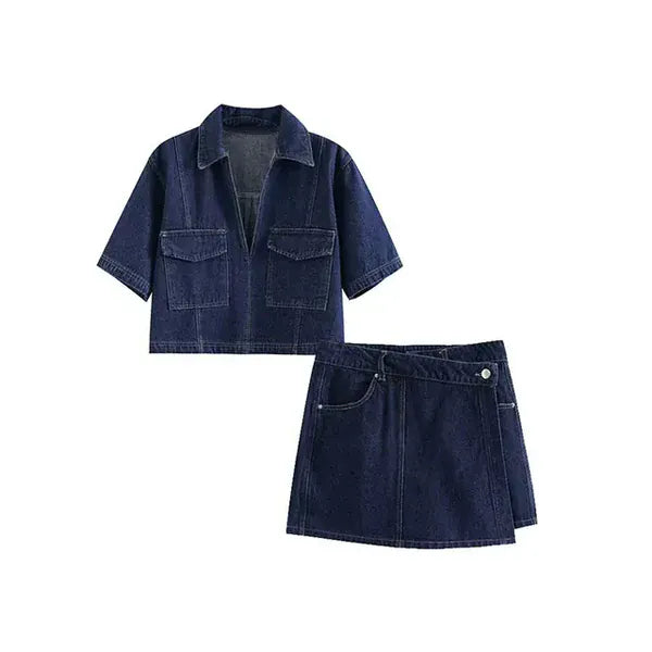 Denim Co-Ord Set Women – Asymmetrical Slim Fit Skirt Top