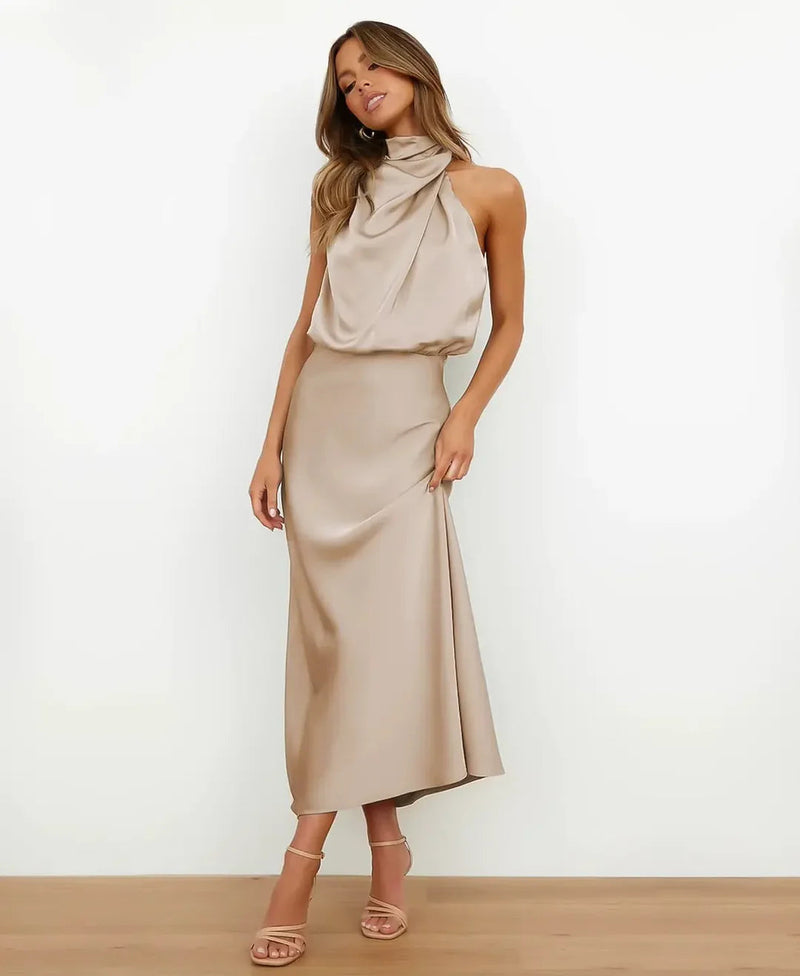 Cotton Blend Women's Midi Dress – Sleeveless High Neck
