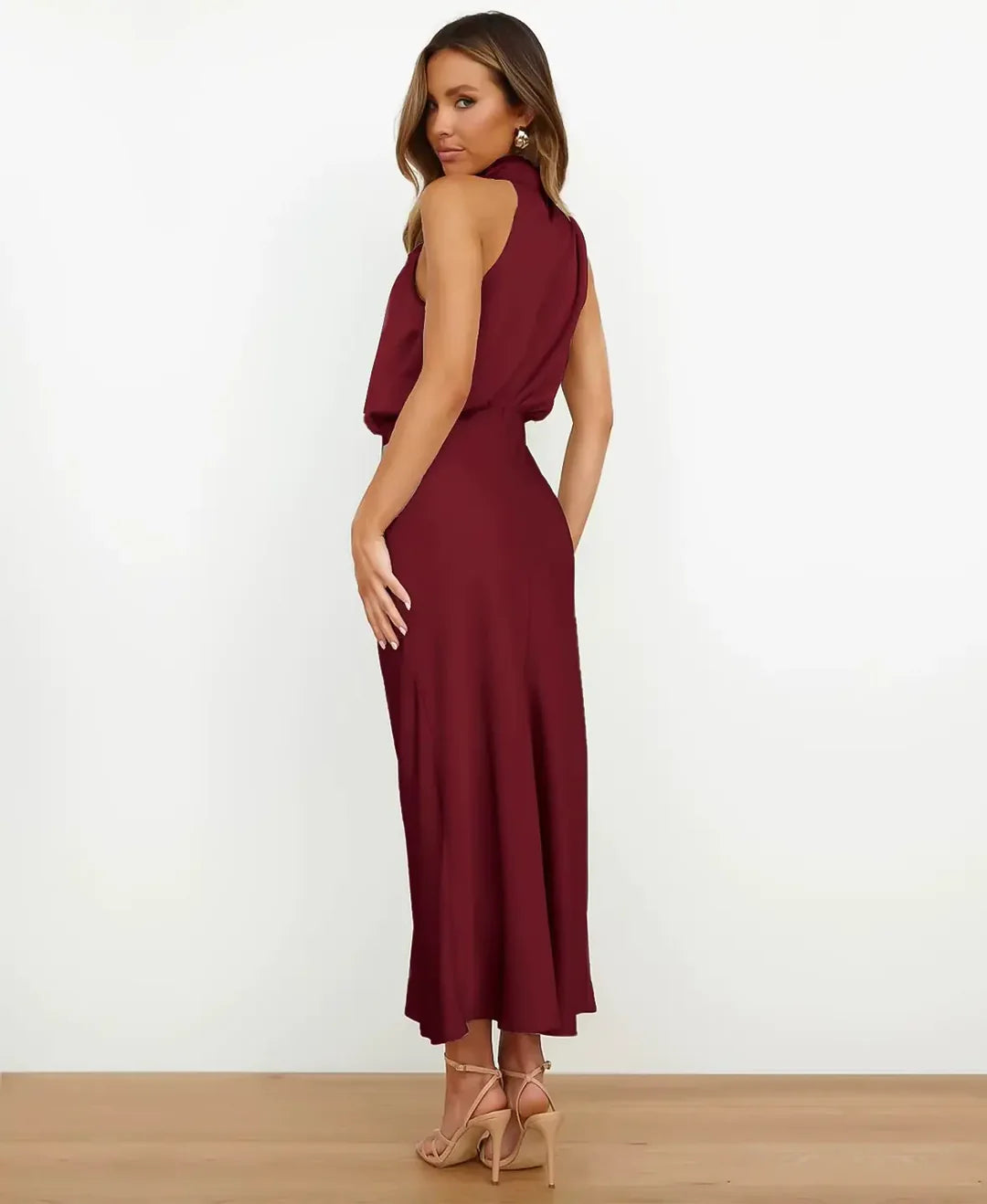 Cotton Blend Women's Midi Dress – Sleeveless High Neck