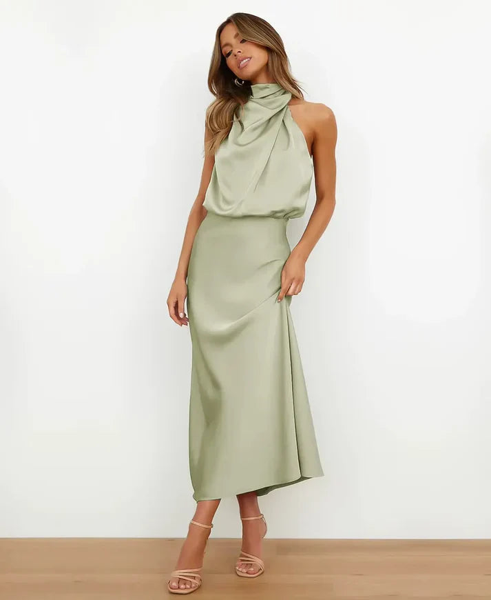 Cotton Blend Women's Midi Dress – Sleeveless High Neck