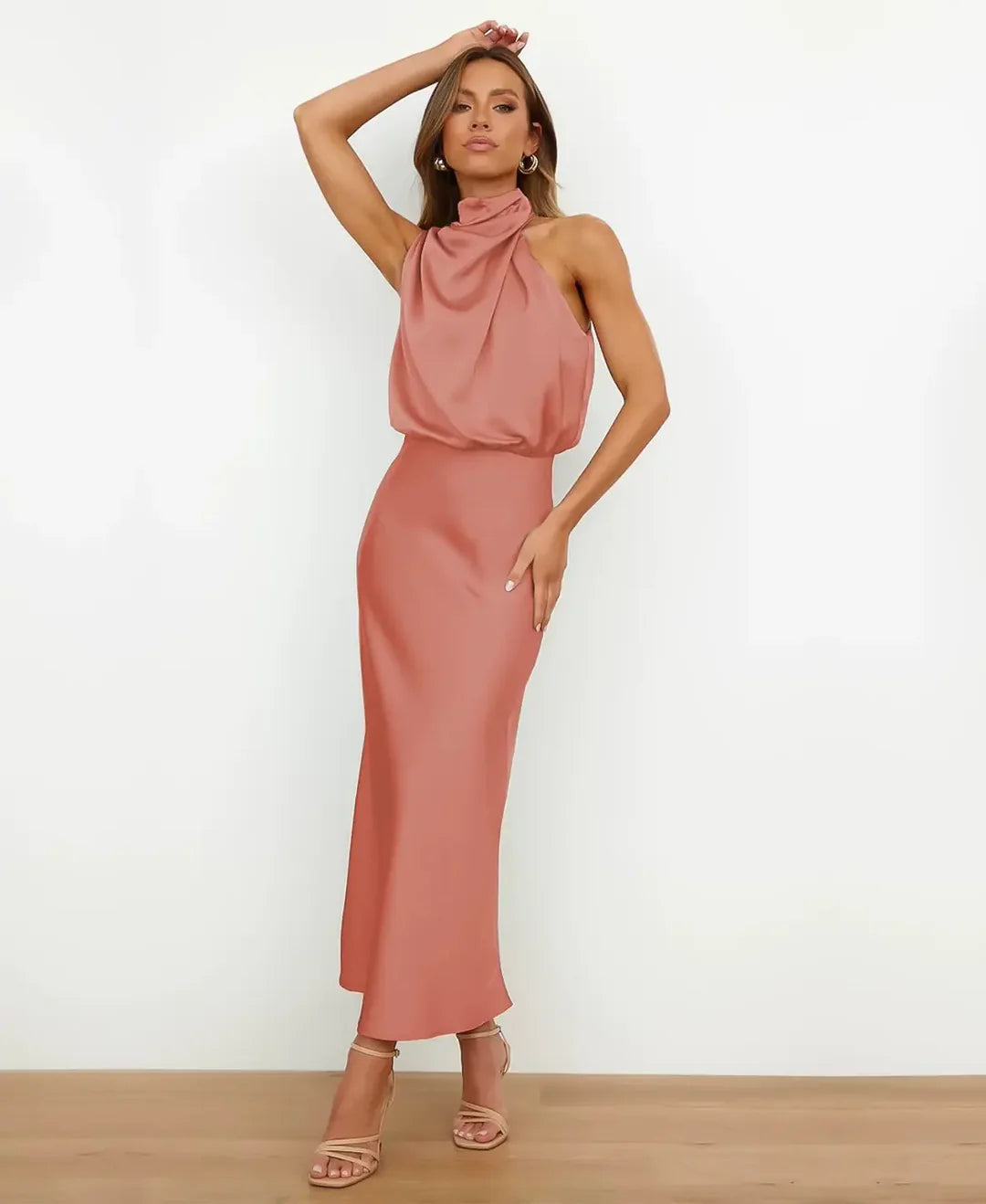 Cotton Blend Women's Midi Dress – Sleeveless High Neck