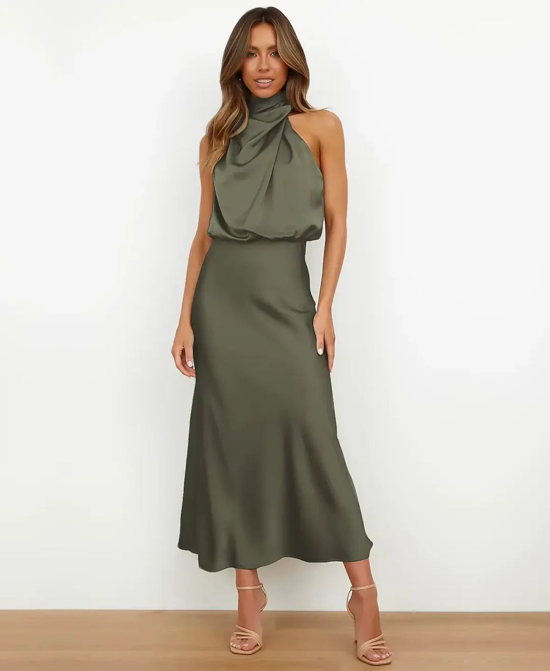 Cotton Blend Women's Midi Dress – Sleeveless High Neck