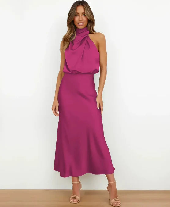 Cotton Blend Women's Midi Dress – Sleeveless High Neck