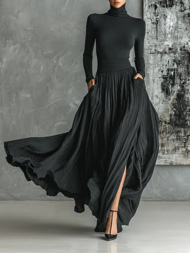 Cotton Blend Women's Pleated Turtleneck Skirt Set Black