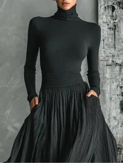 Cotton Blend Women's Pleated Turtleneck Skirt Set Black