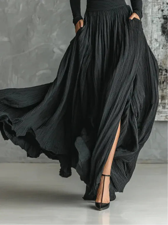 Cotton Blend Women's Pleated Turtleneck Skirt Set Black