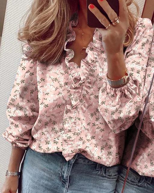 Women's Ruffle V-Neck Blouse with Balloon Sleeves