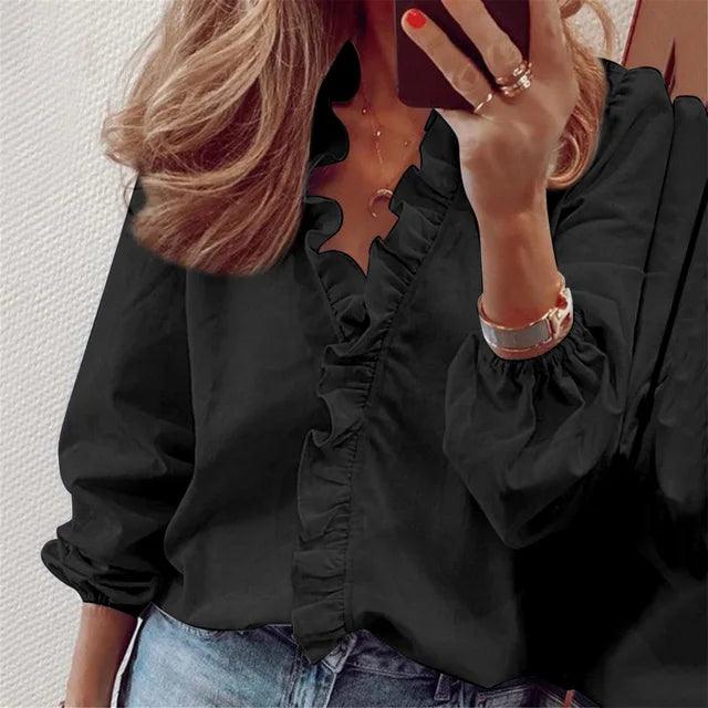 Women's Ruffle V-Neck Blouse with Balloon Sleeves