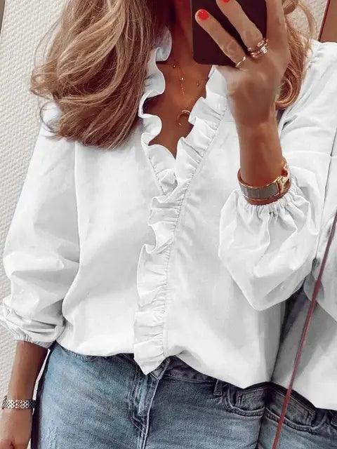 Women's Ruffle V-Neck Blouse with Balloon Sleeves