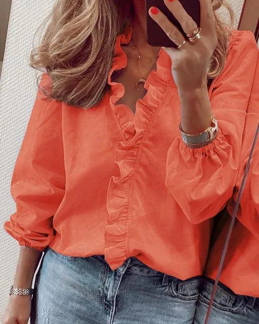 Women's Ruffle V-Neck Blouse with Balloon Sleeves