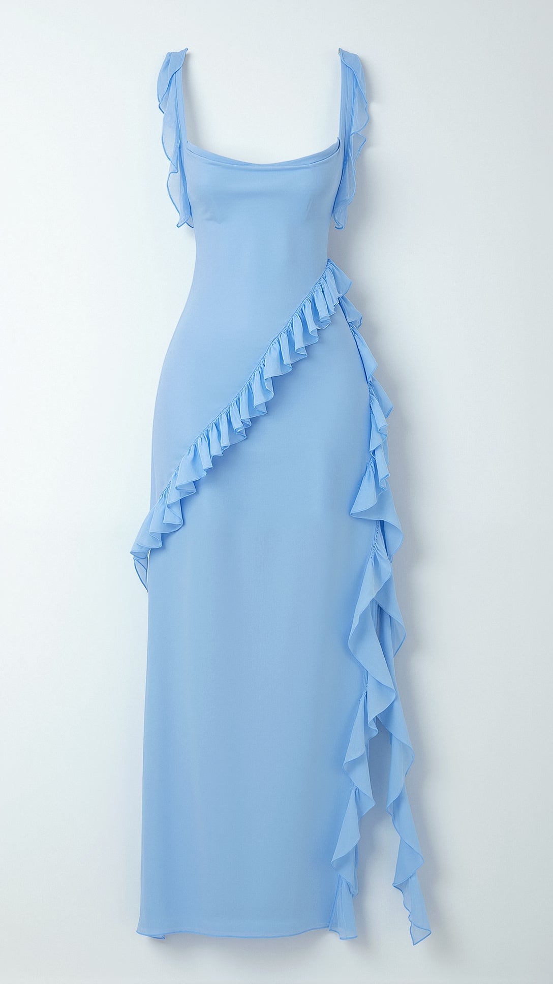 Ruffled Maxi Dress with High Slit – Square Bodice Design