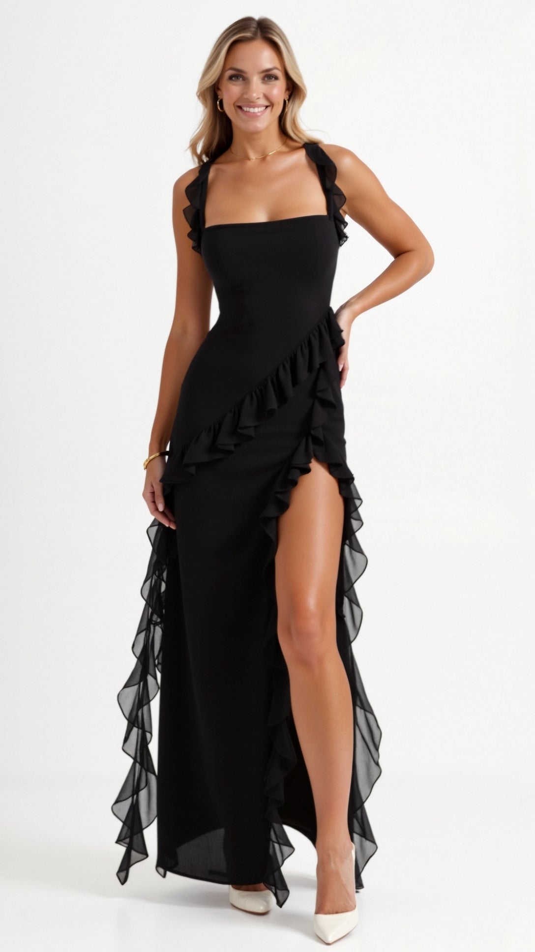 Ruffled Maxi Dress with High Slit – Square Bodice Design
