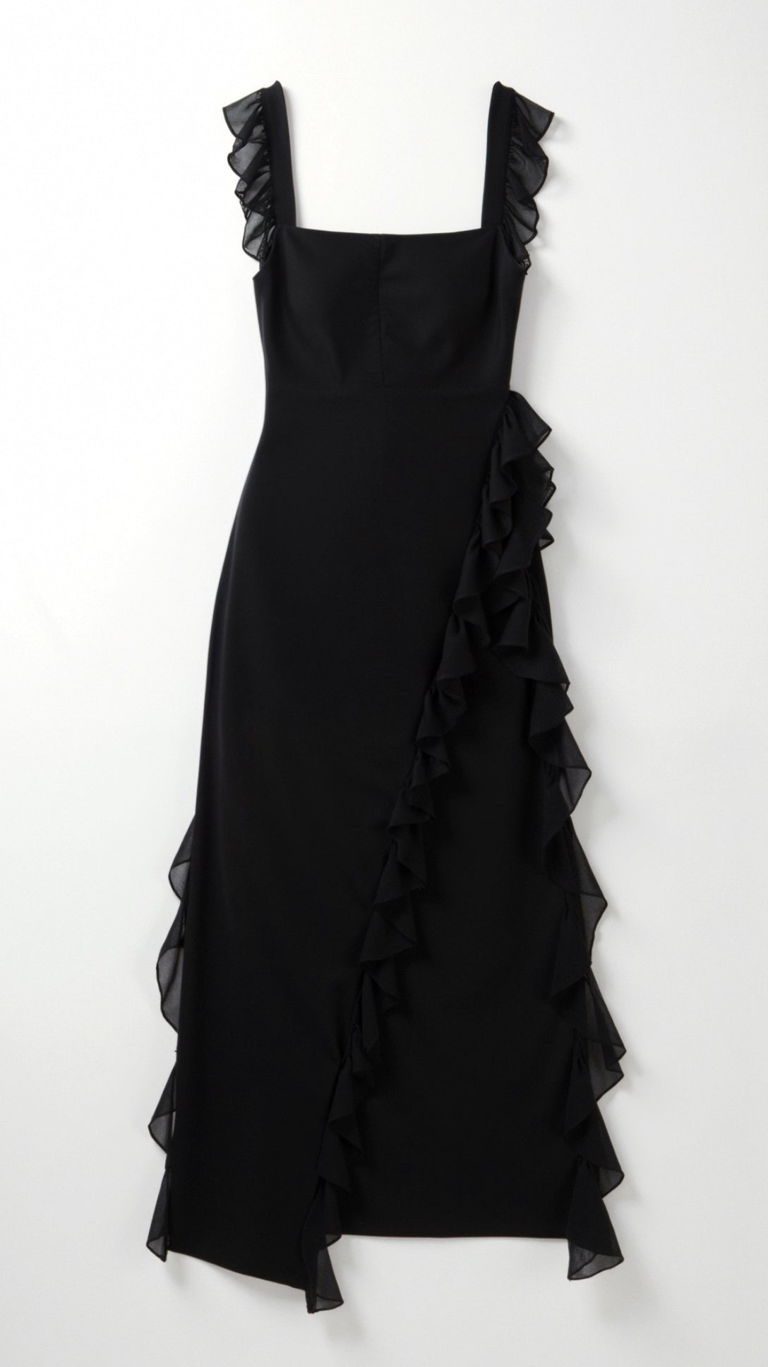 Ruffled Maxi Dress with High Slit – Square Bodice Design
