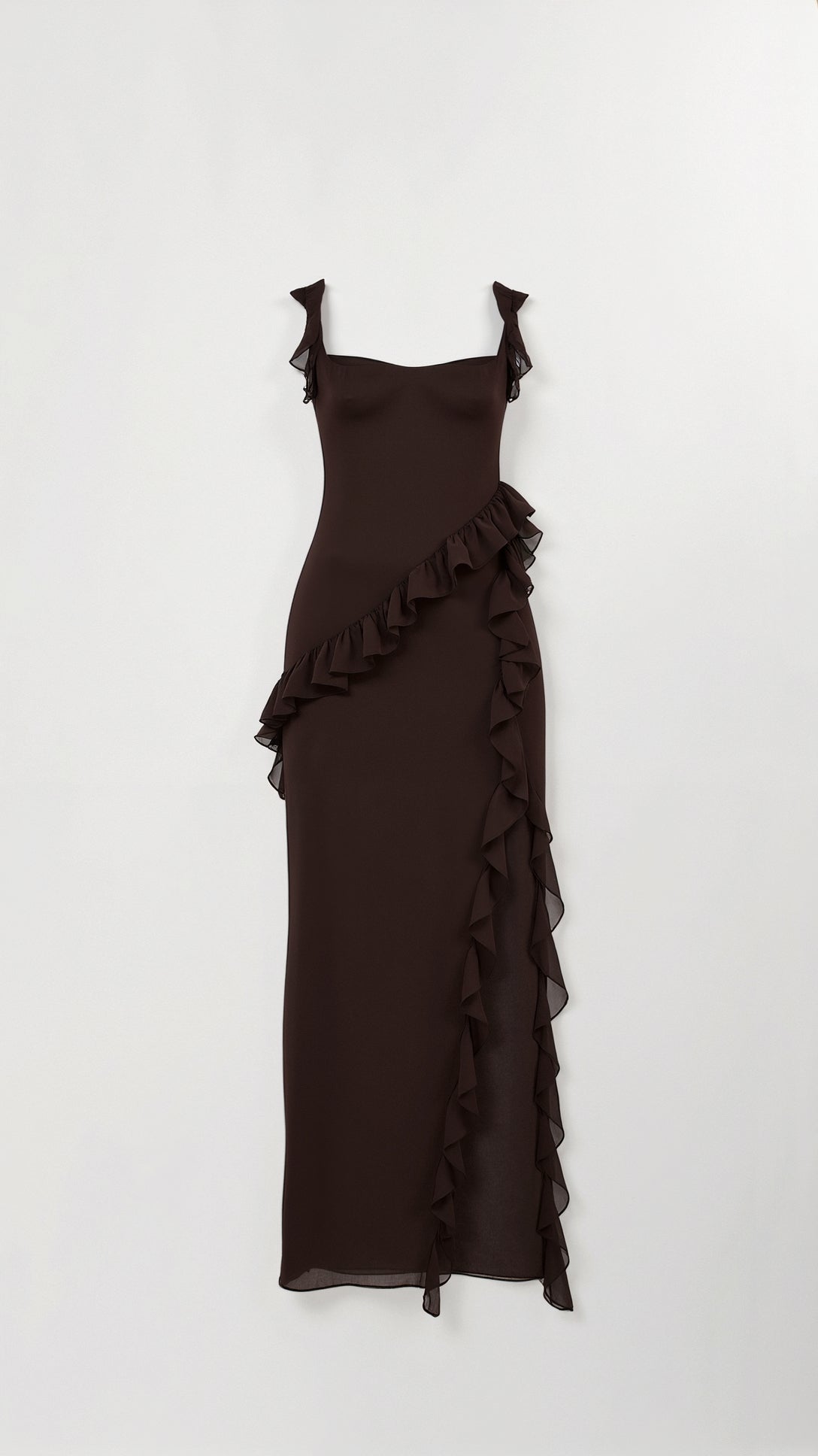 Ruffled Maxi Dress with High Slit – Square Bodice Design