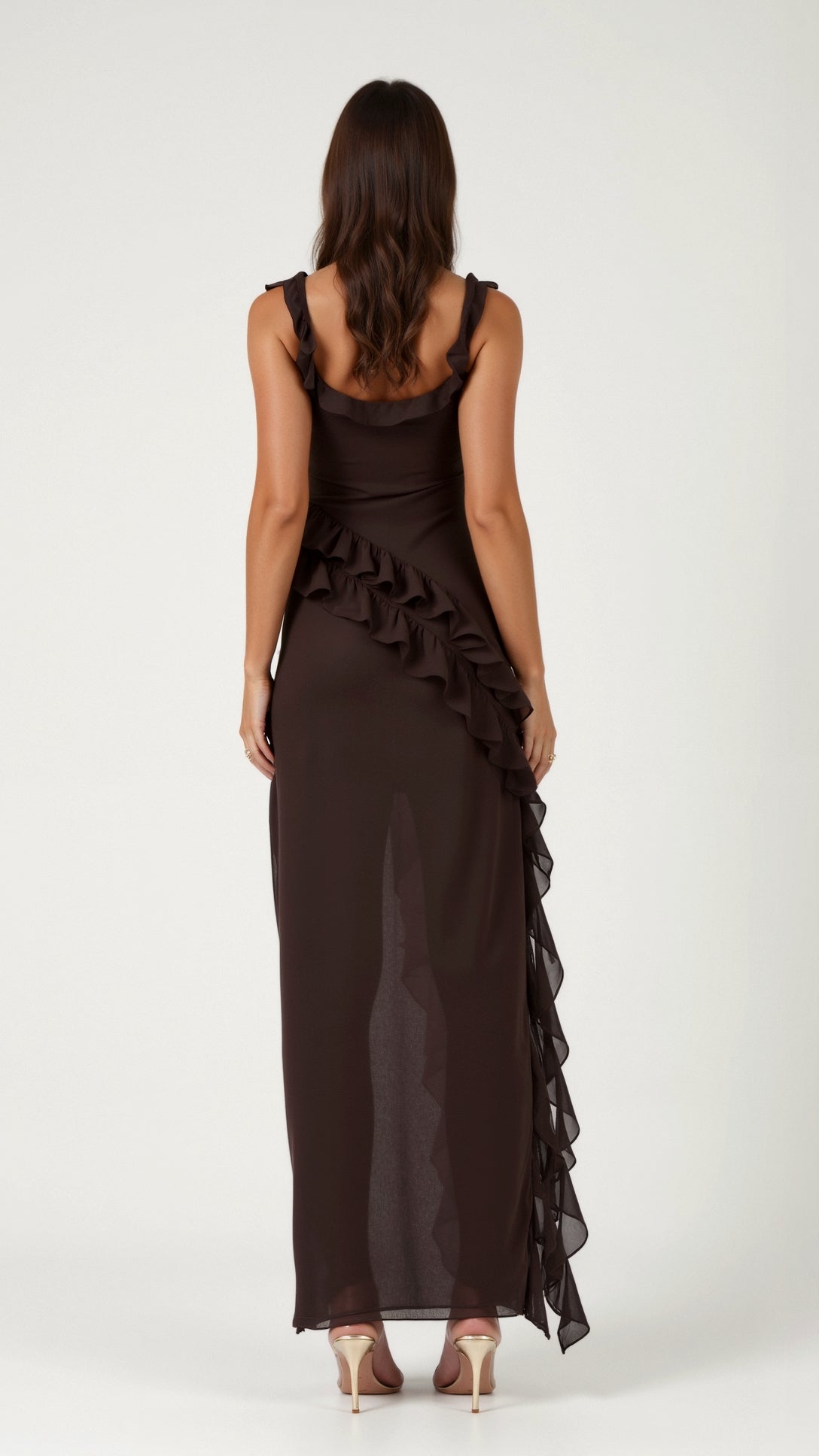 Ruffled Maxi Dress with High Slit – Square Bodice Design