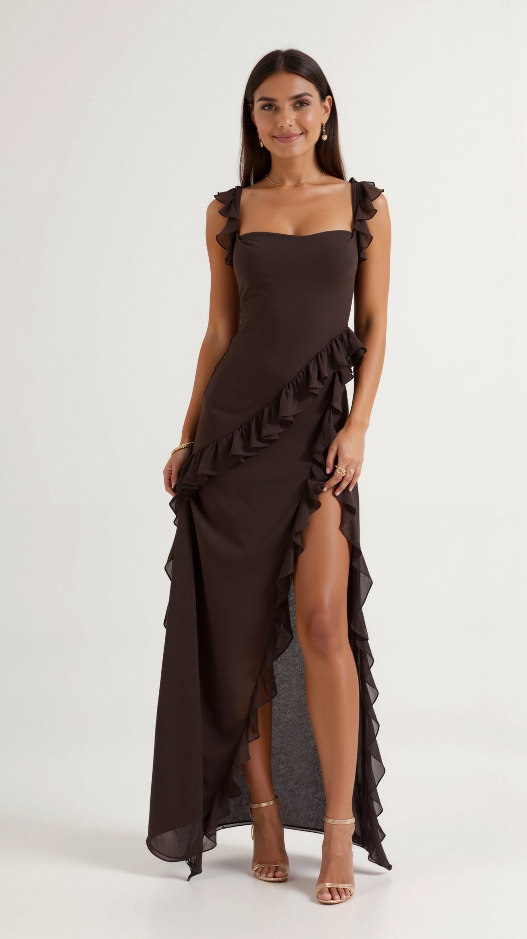 Ruffled Maxi Dress with High Slit – Square Bodice Design