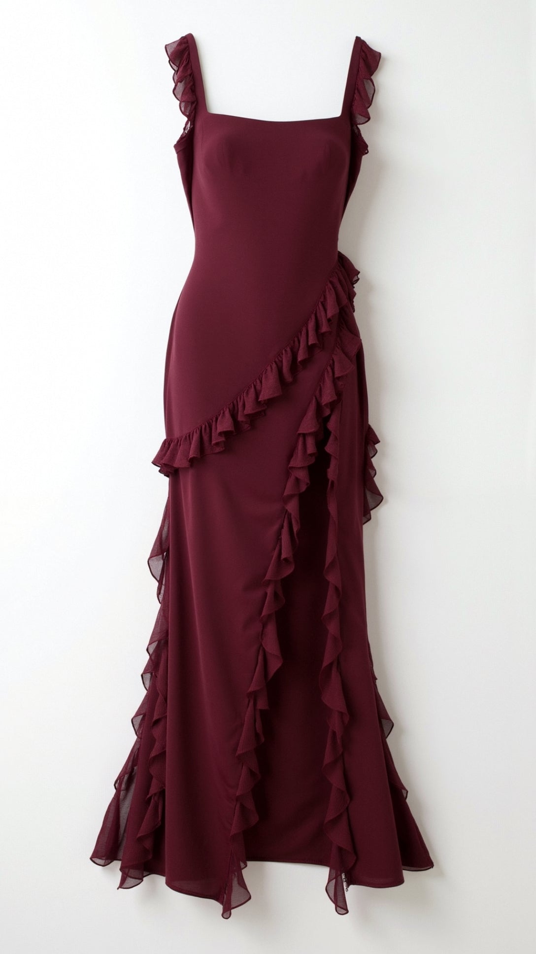 Ruffled Maxi Dress with High Slit – Square Bodice Design