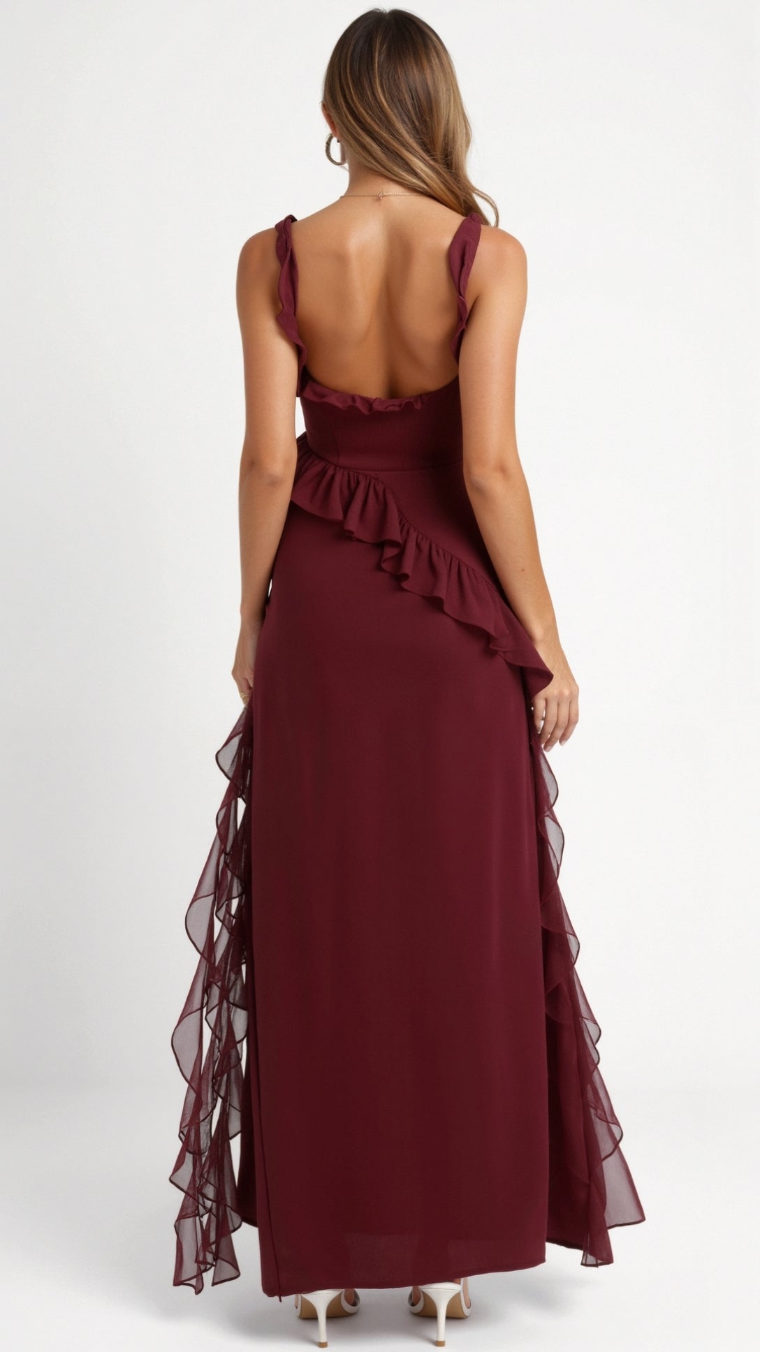 Ruffled Maxi Dress with High Slit – Square Bodice Design