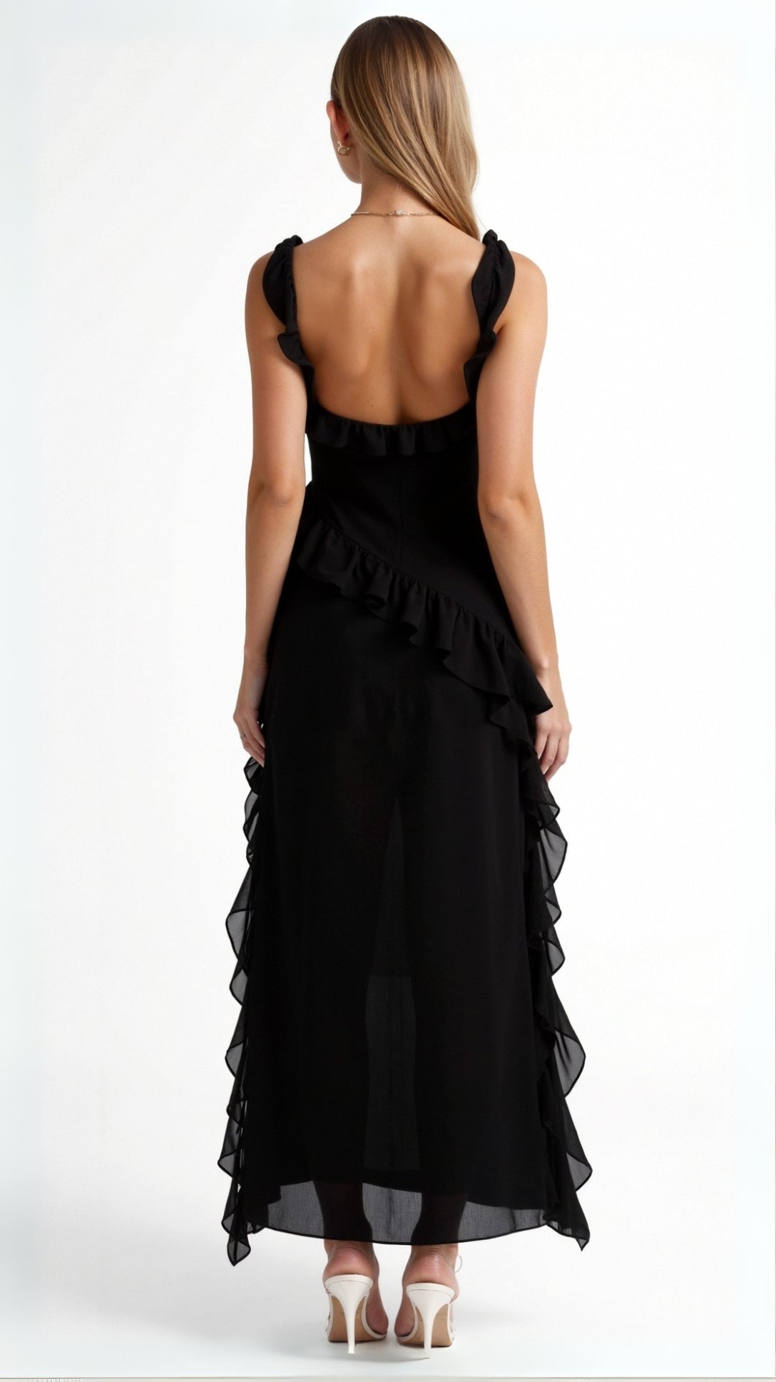 Ruffled Maxi Dress with High Slit – Square Bodice Design