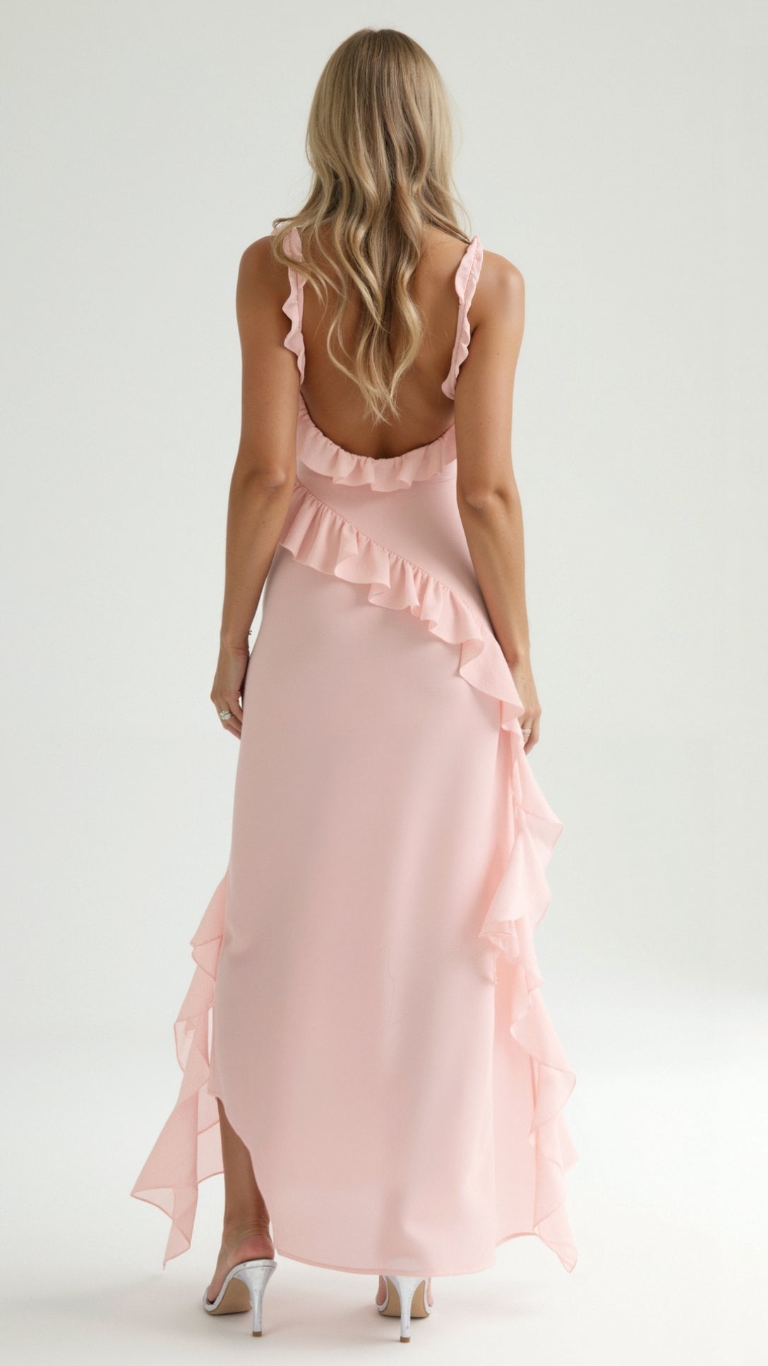 Ruffled Maxi Dress with High Slit – Square Bodice Design