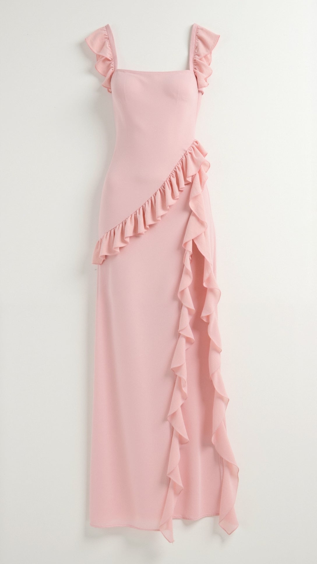 Ruffled Maxi Dress with High Slit – Square Bodice Design