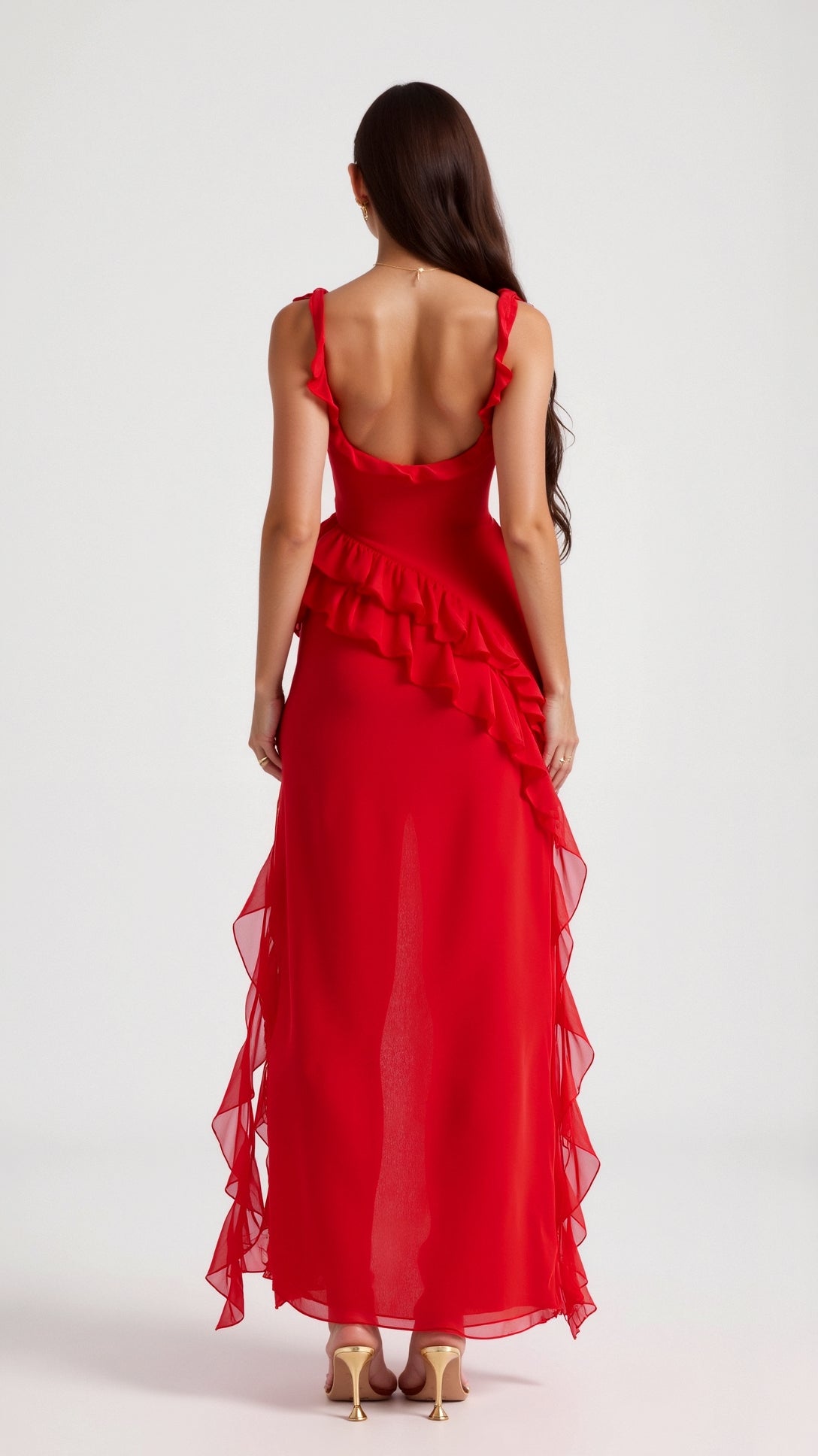 Ruffled Maxi Dress with High Slit – Square Bodice Design
