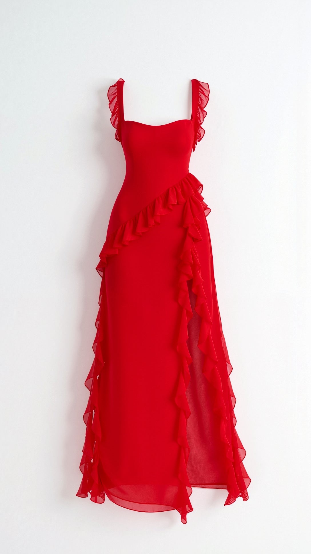 Ruffled Maxi Dress with High Slit – Square Bodice Design