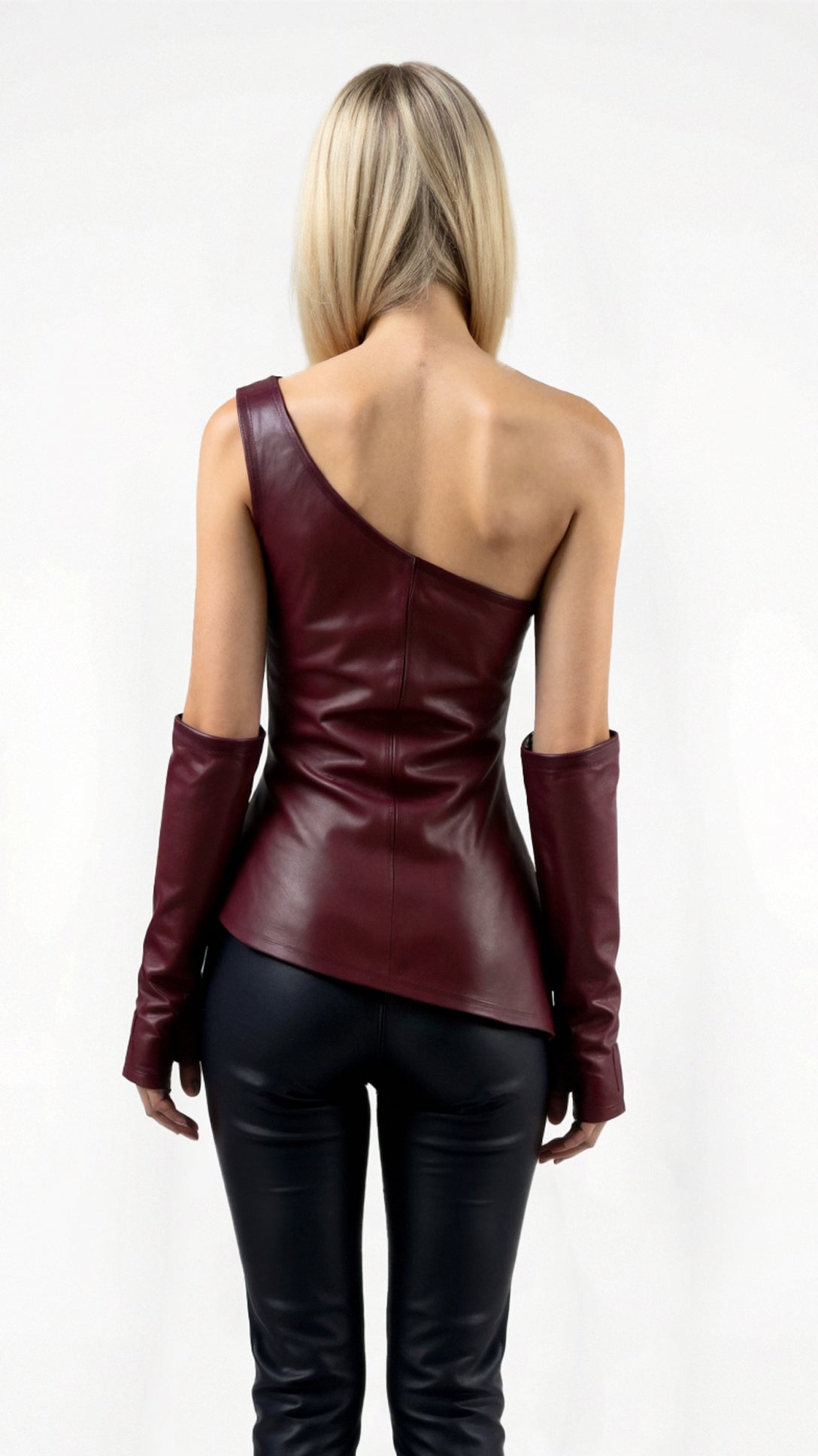 Faux Leather One-Shoulder Top with Opera Gloves