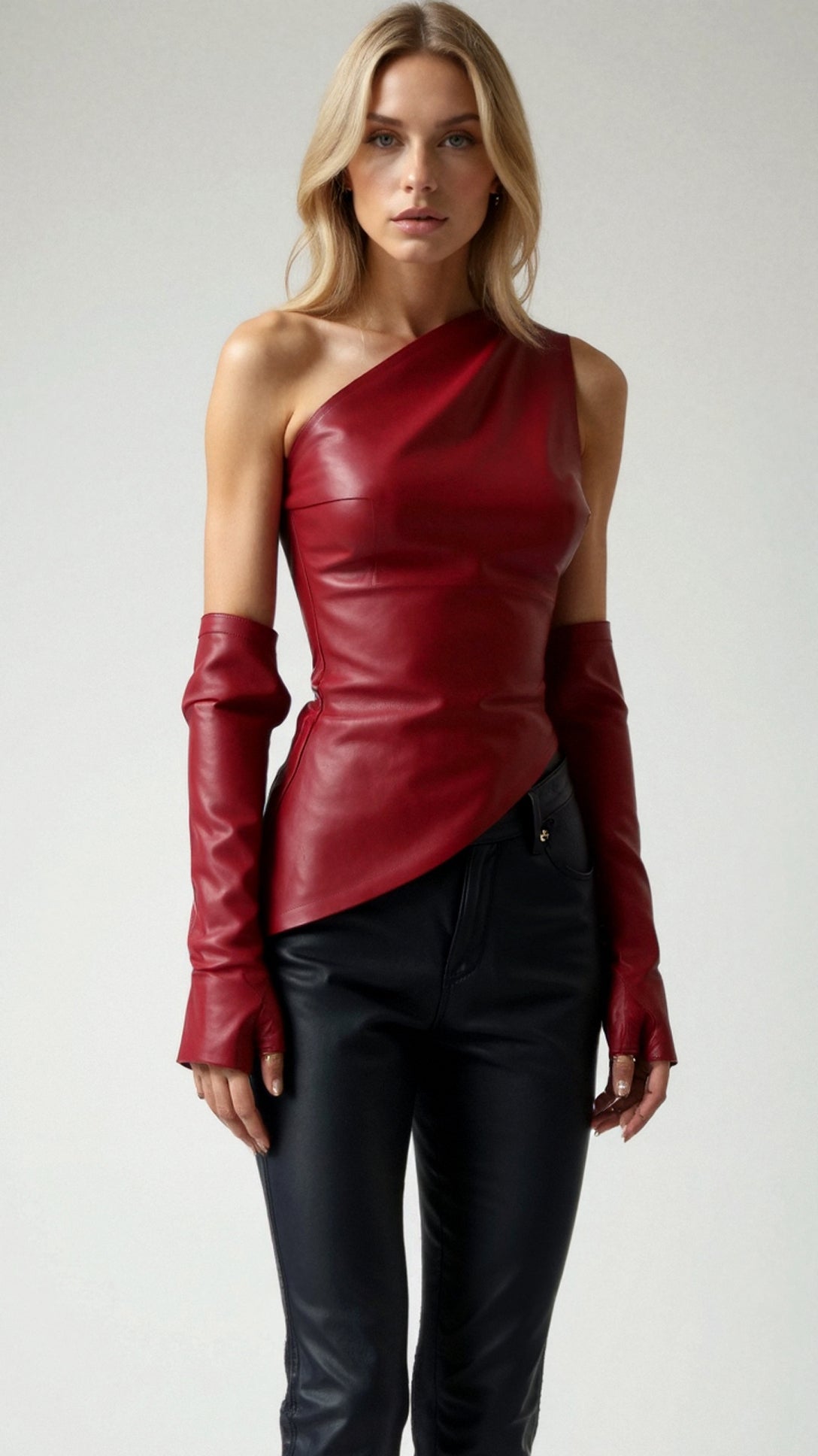 Faux Leather One-Shoulder Top with Opera Gloves
